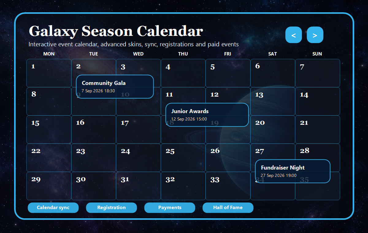 AuroraStack galaxy-themed calendar preview for a programme of events