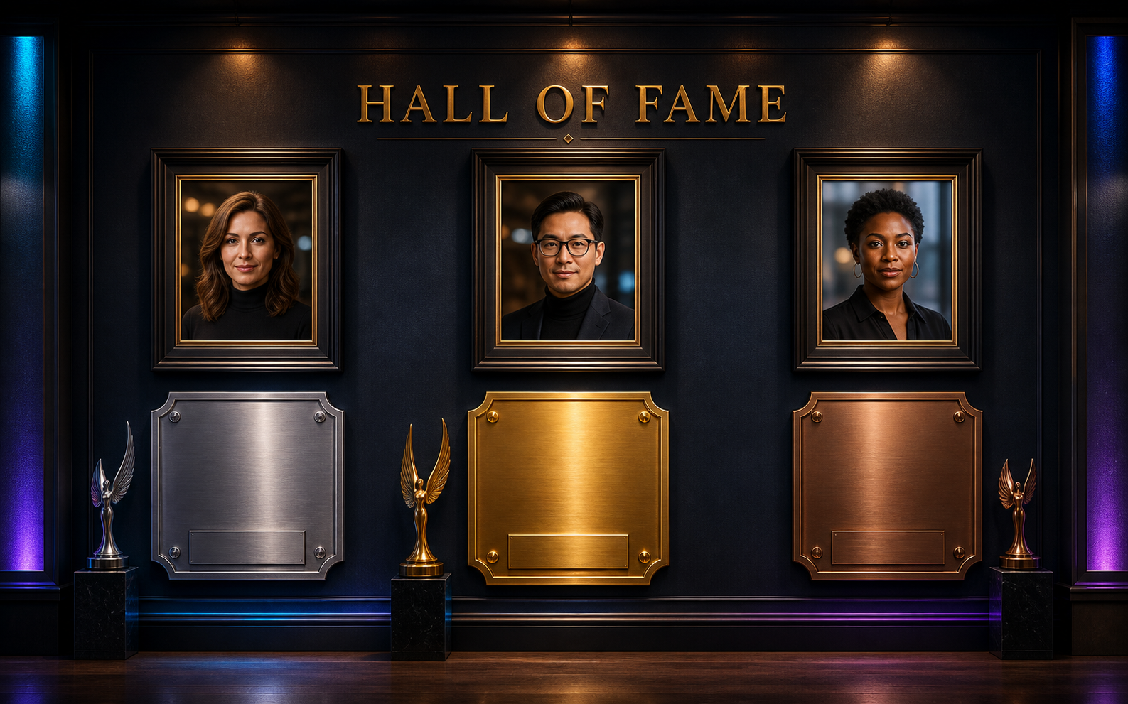 Realistic Hall of Fame display with framed portraits and dimensional gold, silver and bronze award placards