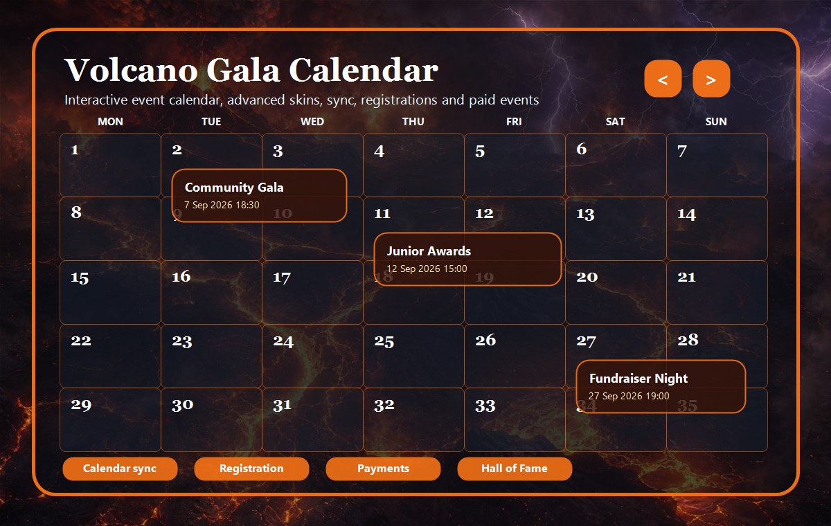 AuroraStack calendar preview showing styled month grid and event action buttons